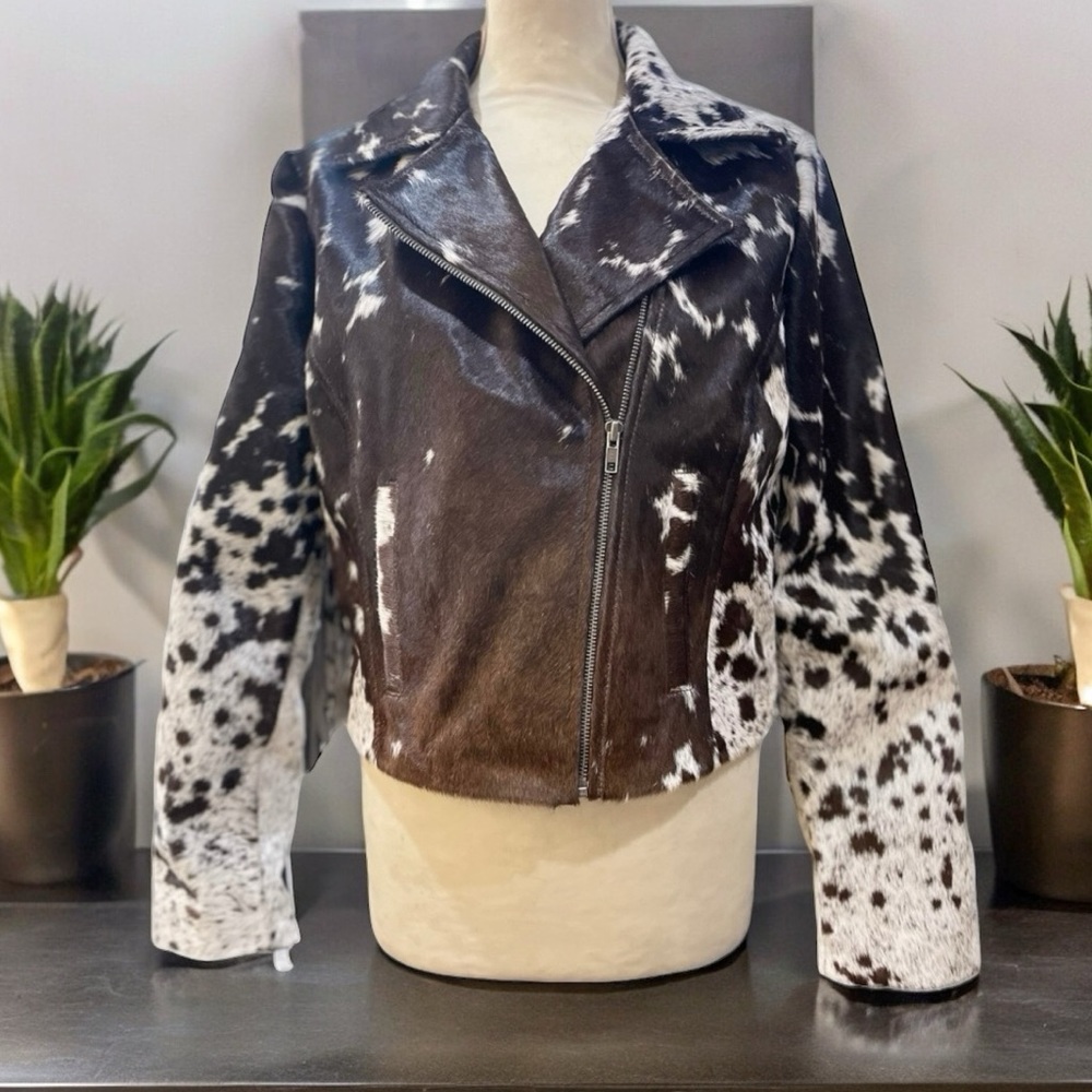 NEW CUSTOM London Fringe Dappled Pony Print Hair Calf Moto Jacket Black Brown L - Picture 2 of 11